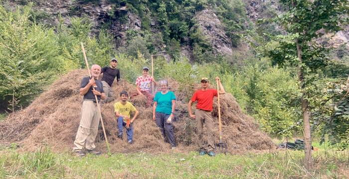 Mucchio fieno riserva naturale gruppo persone prato