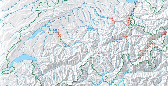 Distribuzione della lontra in Svizzera: i punti mostrano i luoghi in cui, a partire dal 2020, è stata avvistata (stato ad aprile 2026).